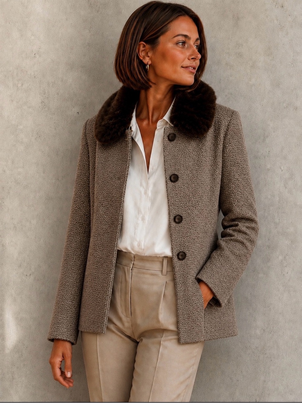 Vintage 1980’s Gerard Darel Tweed Wool Blazer w Removable Dark Faux Fur Collar